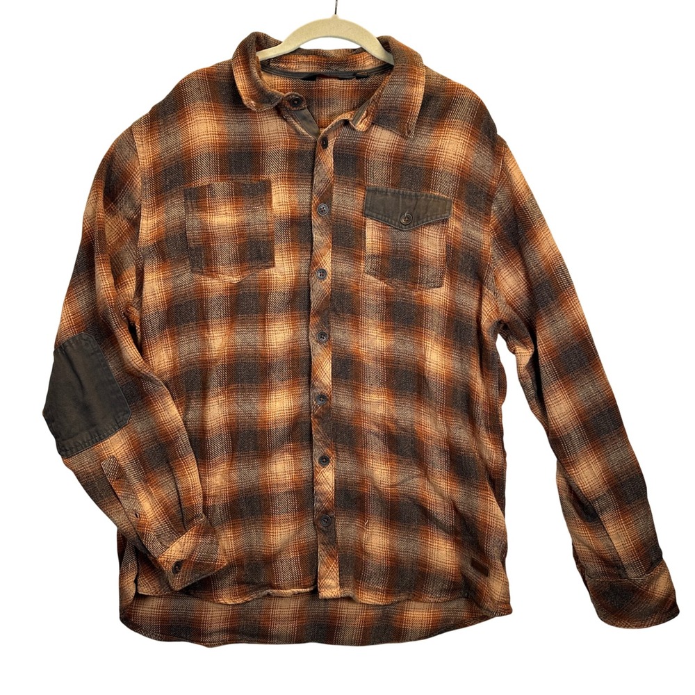 Outpost Maker Mens Brown Orange Plaid Flannel Button Down Shirt Elbow Patches XL